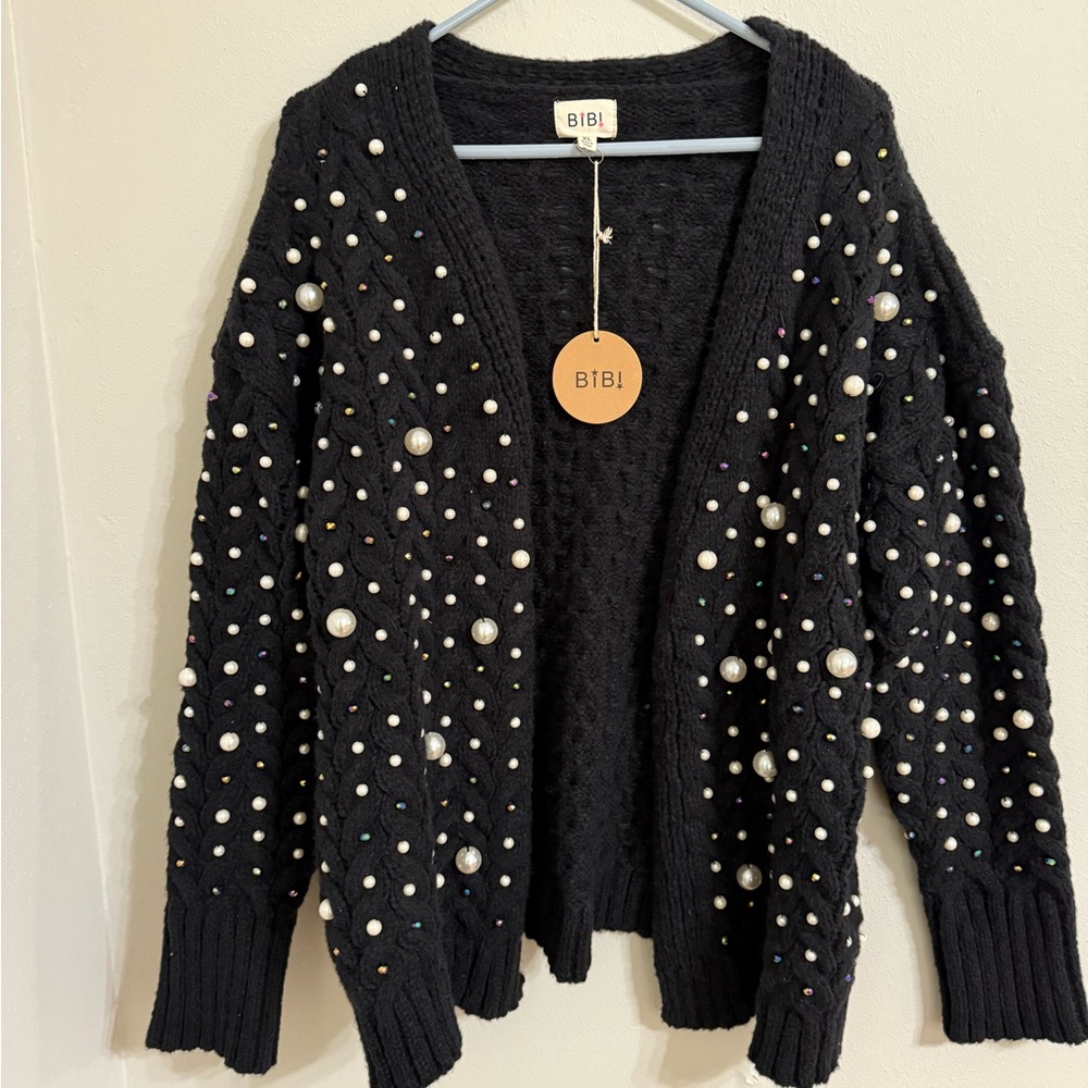 BiBi Black Cardigan with Pearl Accents